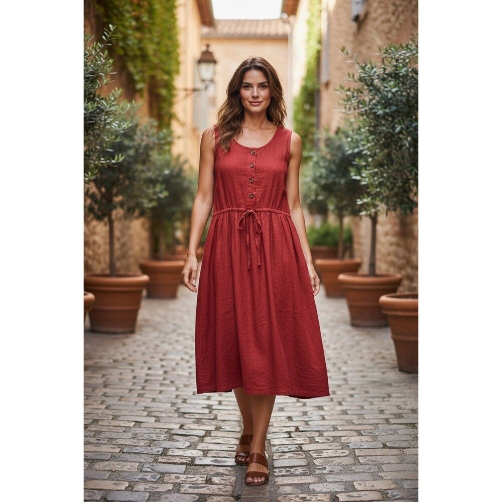 Vtg Eddie Bauer Linen Maxi Dress Sleeveless Red Size Large Pockets Summer Beach